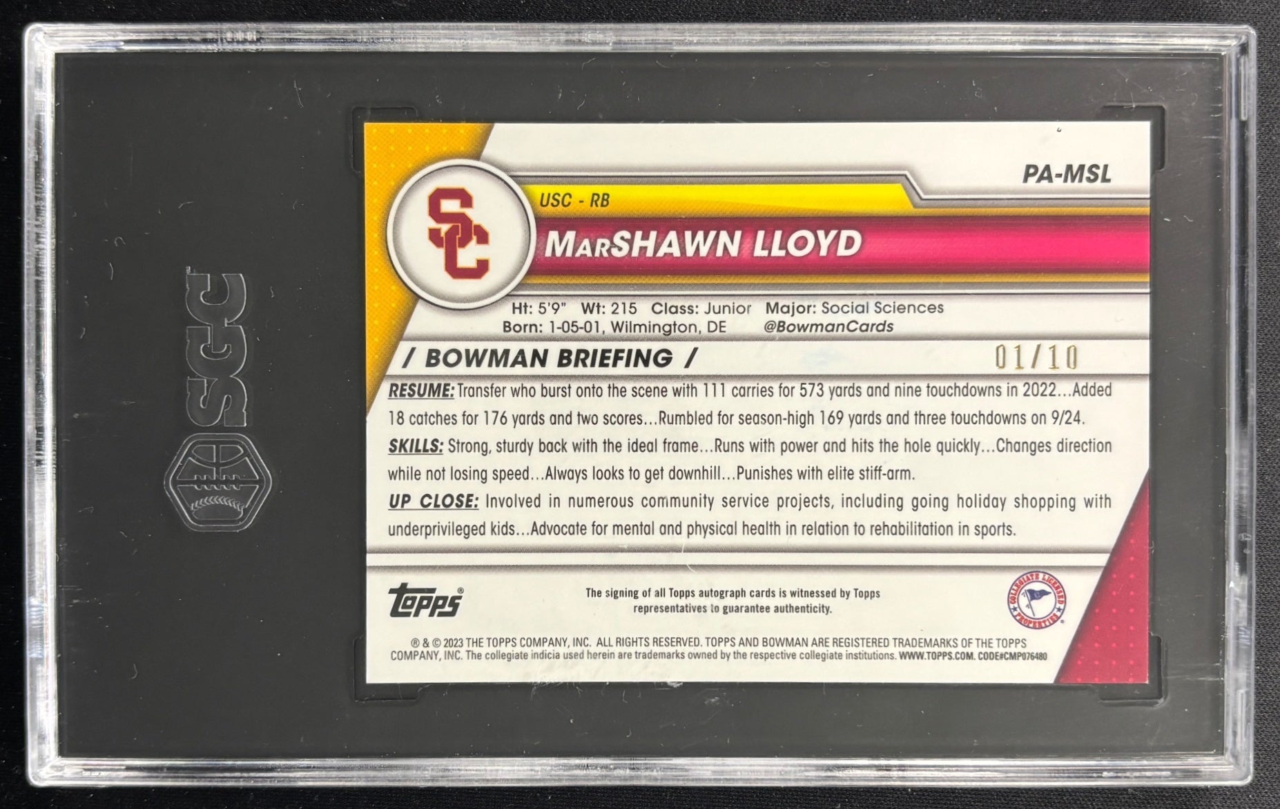 MarShawn Lloyd 2023 University Chrome Sapphire Prospect Auto Black Sapphire /10 SGC 10 / 9.5 Trojans back