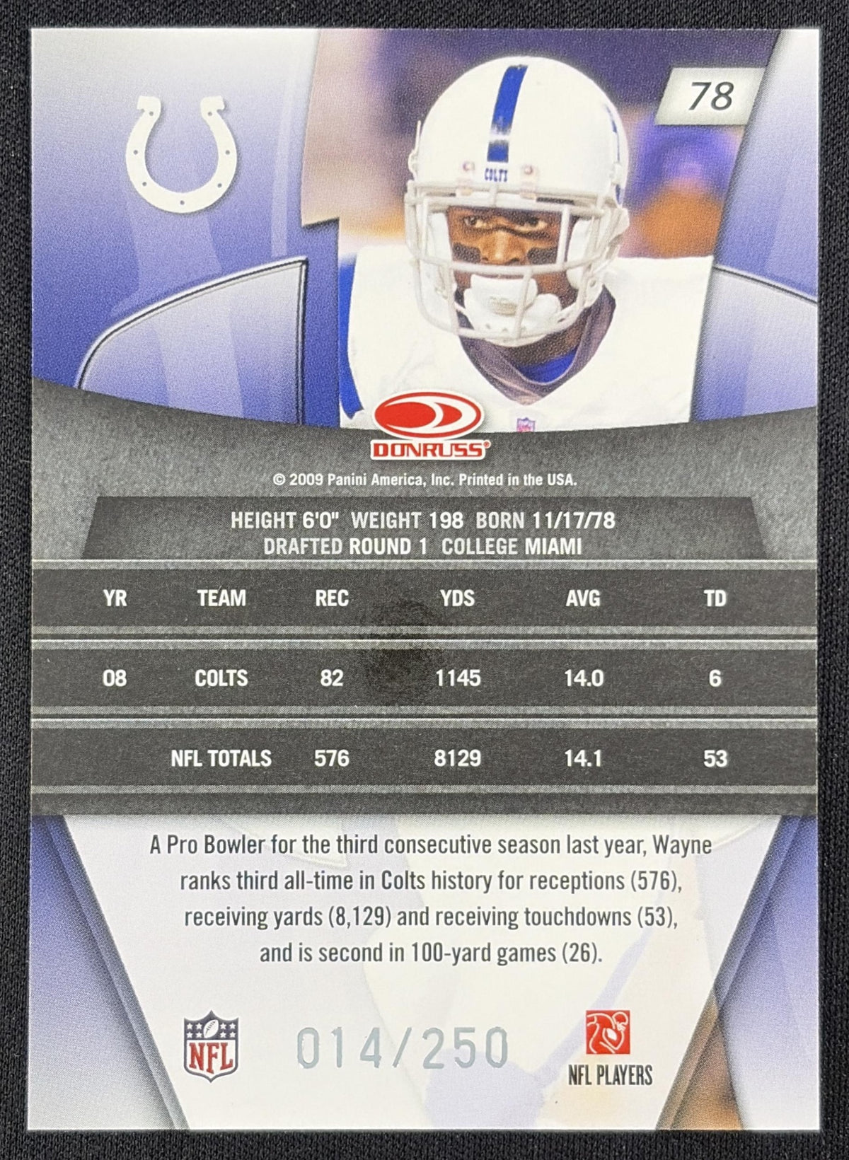 Reggie Wayne 2009 Panini Donruss Gridiron Gear Silver X's /250 Colts