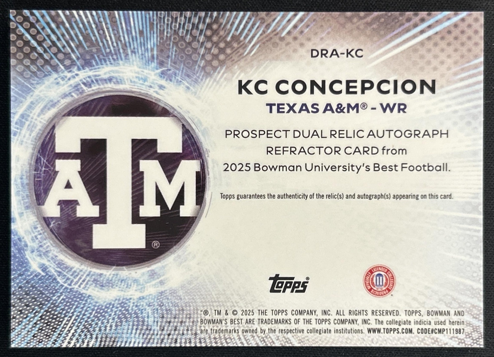 KC Concepcion 2025 Bowman Best University Prospect Dual Relic Auto Aggies Back