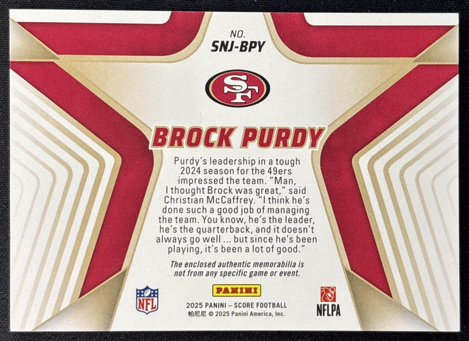 Brock Purdy 2025 Panini Score Stars of the NFL Jersey 49ers back