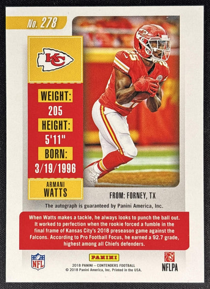 Armani Watts 2018 Contenders Rookie Ticket Auto Chiefs back