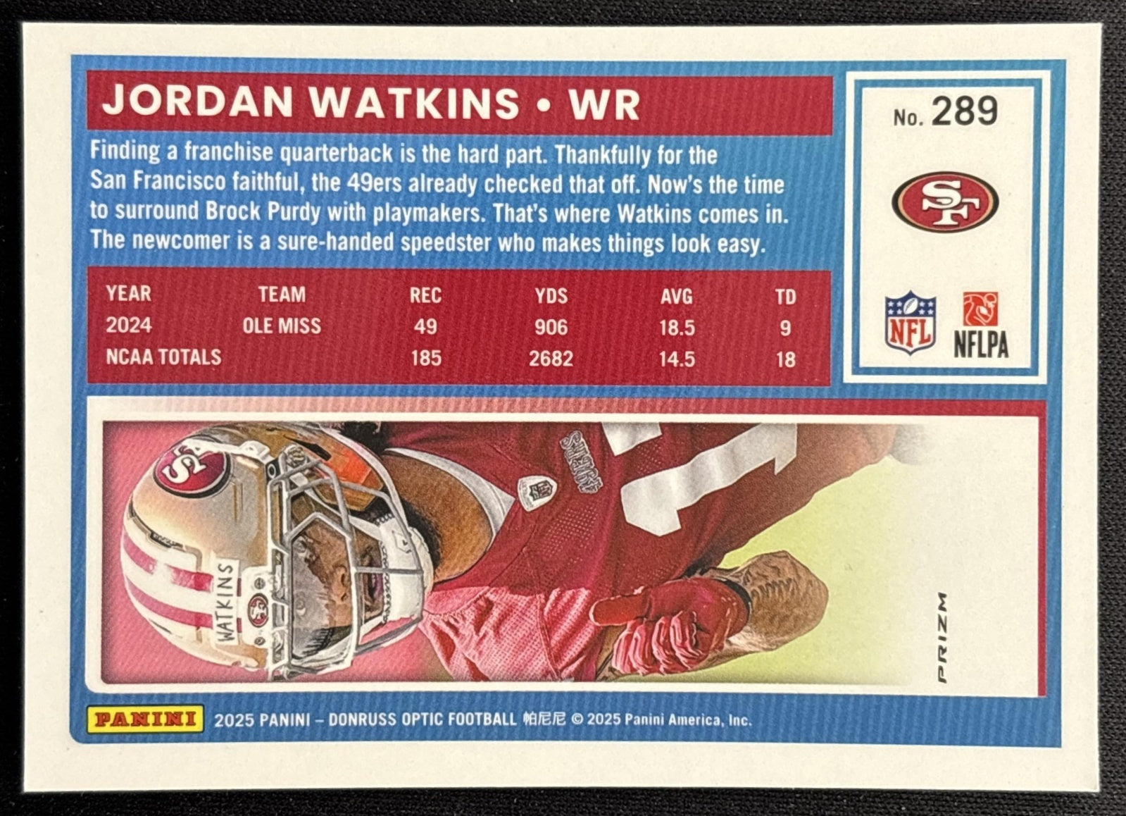 Jordan Watkins 2025 Panini Donruss Optic Rated Rookie Purple Shock Prizm 49ers back