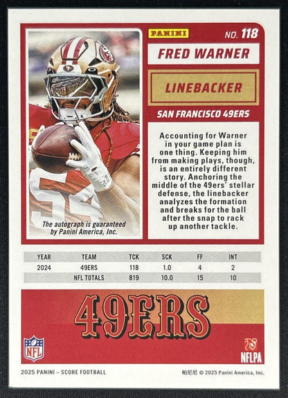 Fred Warner 2025 Panini Score Signatures Green 49ers Back