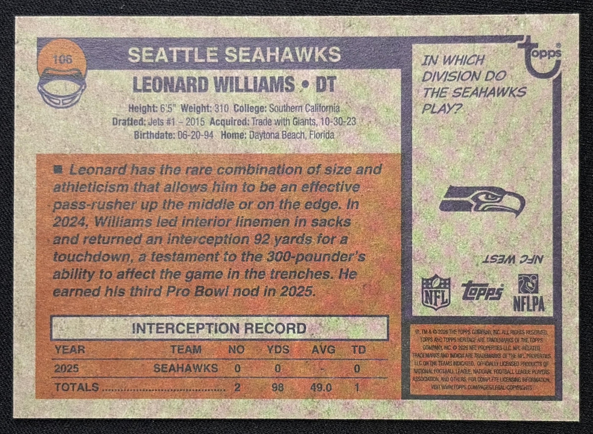 Leonard Williams 2026 Topps Heritage Dark Green Border Seahawks