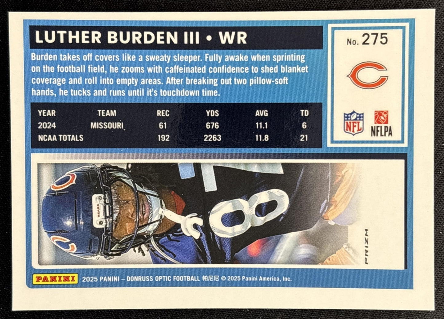 Luther Burden III 2025 Donruss Optic Rated Rookie Teal Velocity Prizm Bears Back