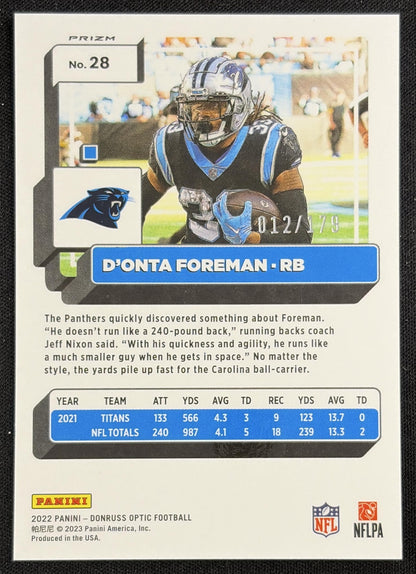 D Onta Foreman 2022 Panini Donruss Optic Blue /179 Panthers Sports Trading Card