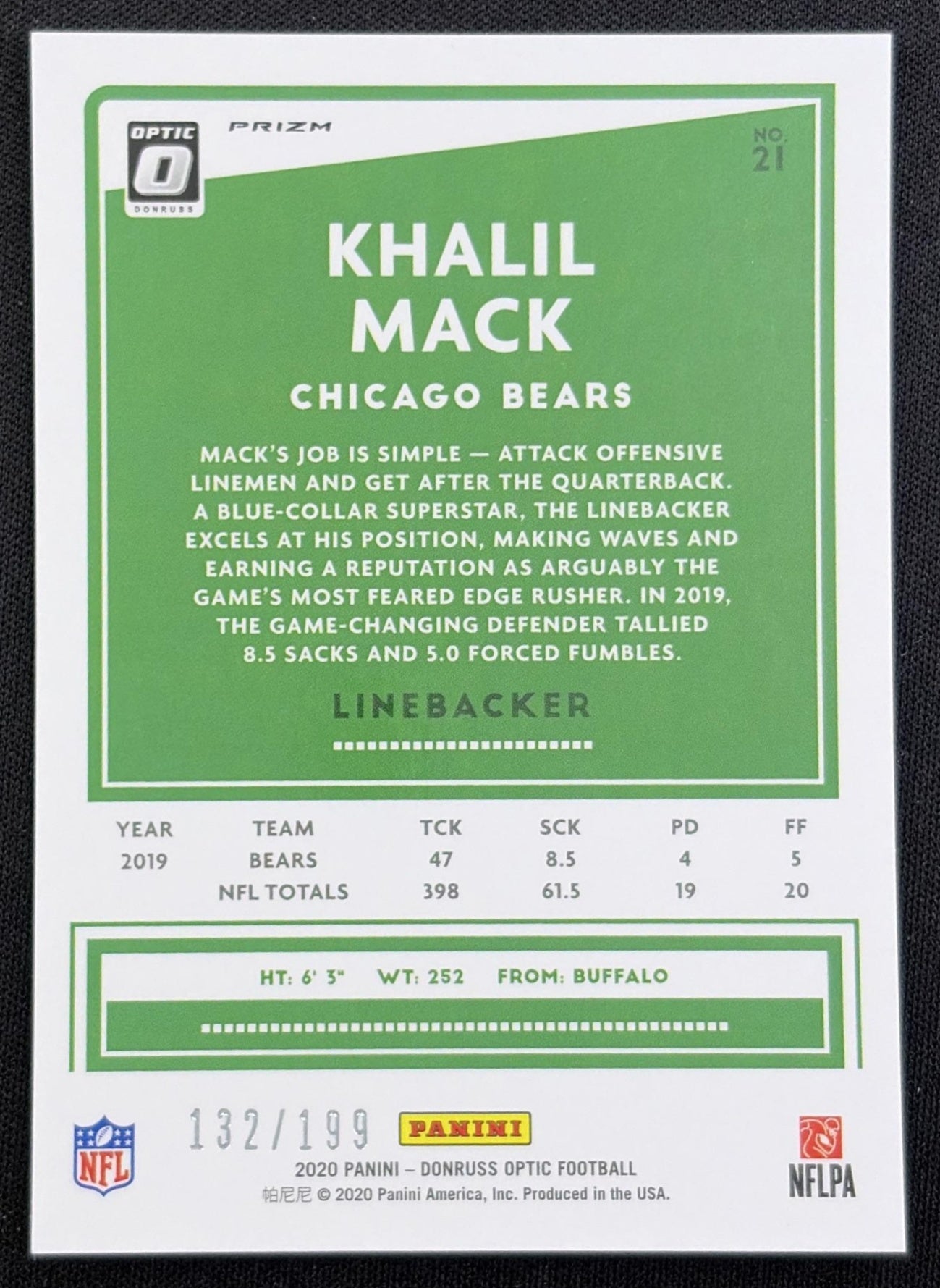 Khalil Mack 2020 Panini Donruss Optic Orange Prizm /199 Bears back