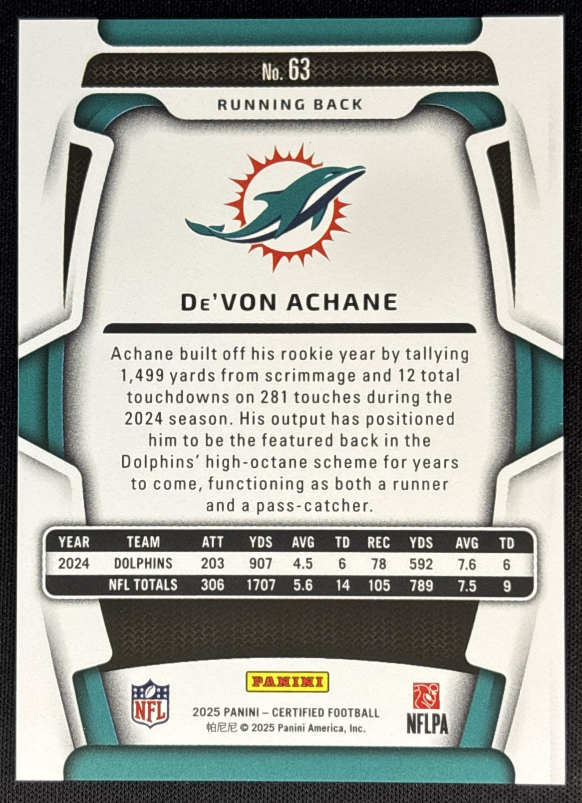 De'Von Achane 2025 Panini Certified Mirror Pink /225 Dolphins Sports Trading Cards