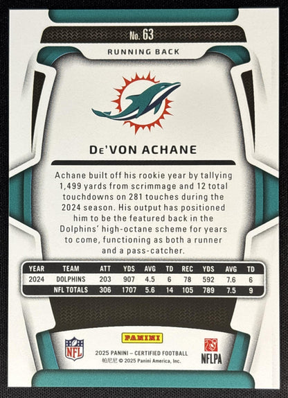 De'Von Achane 2025 Panini Certified Mirror Pink /225 Dolphins Sports Trading Cards