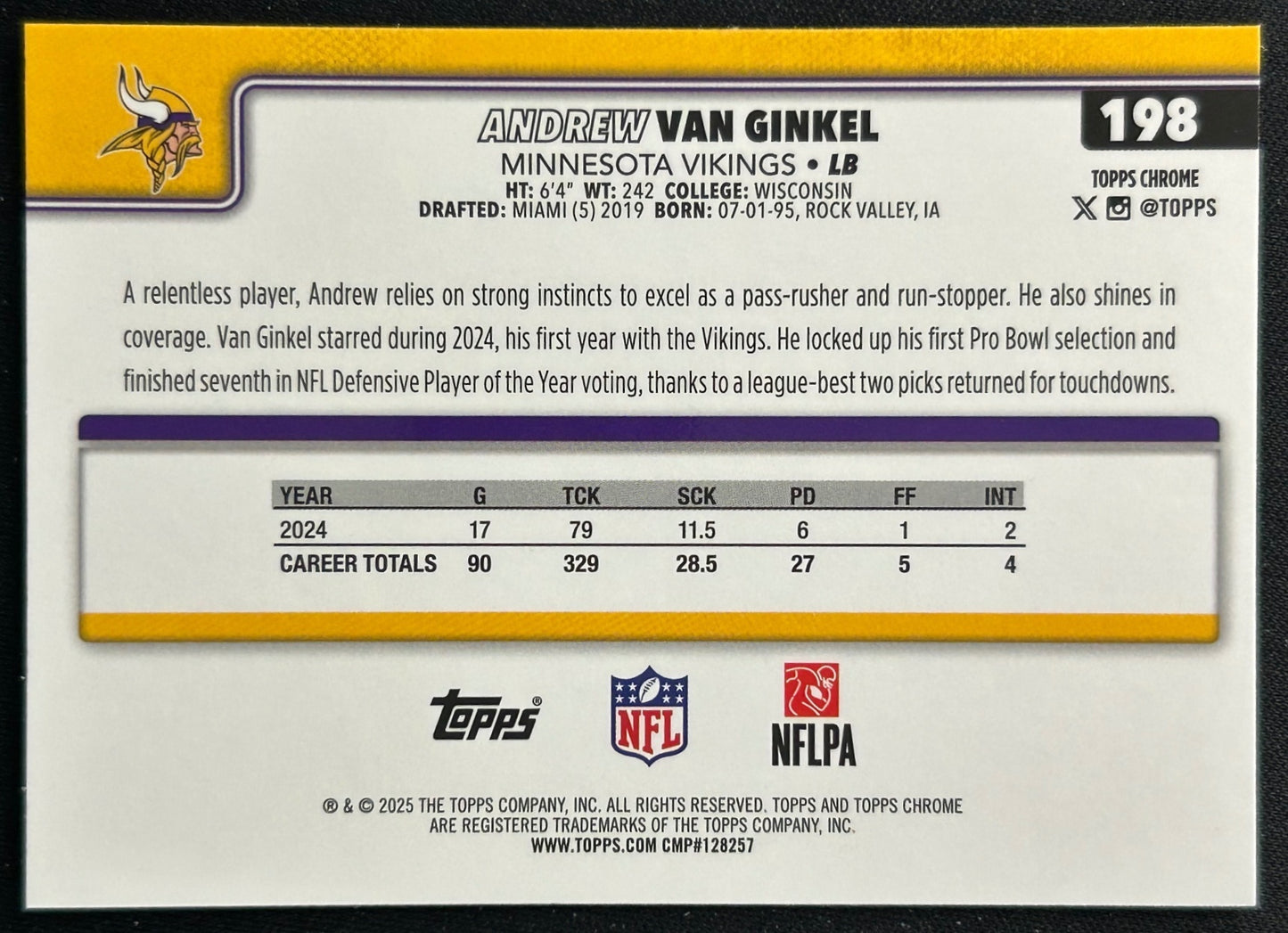 Andrew Van Ginkel 2025 Topps Chrome Vikings Sports Trading Cards
