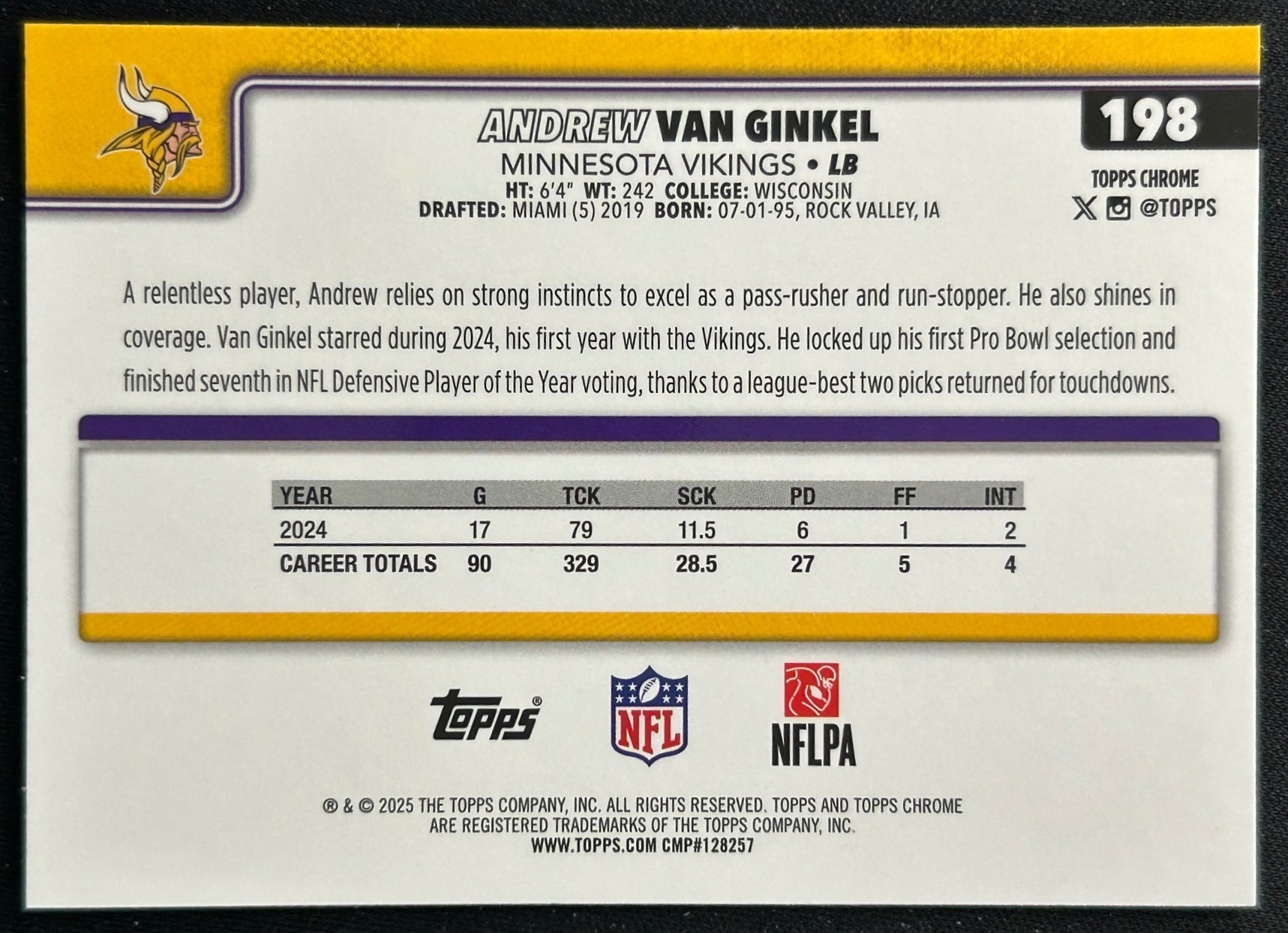 Andrew Van Ginkel 2025 Topps Chrome Vikings Sports Trading Cards
