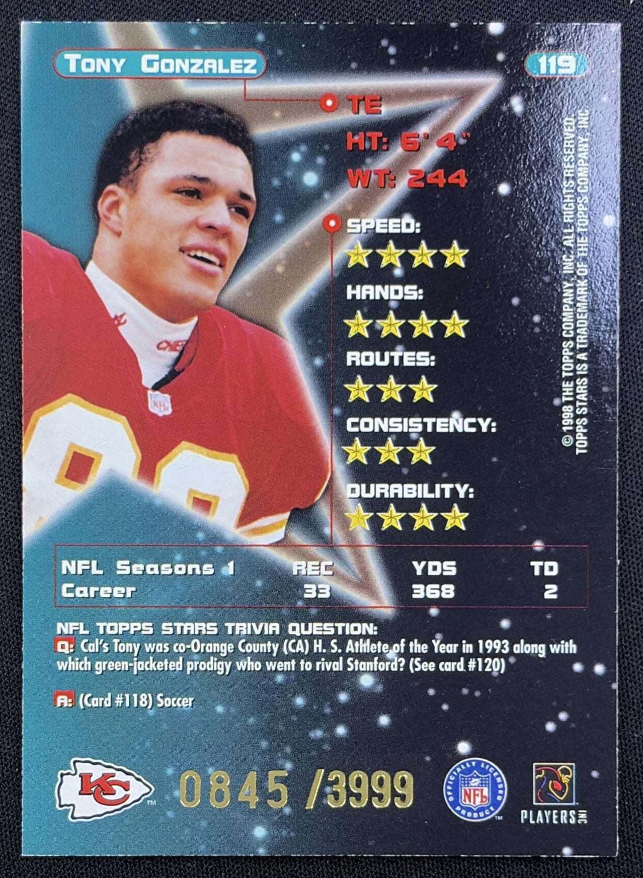 Tony Gonzalez 1998 Topps Stars Silver Star /3999 Chiefs