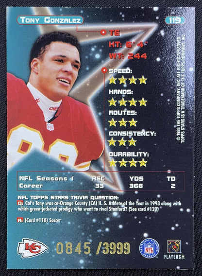 Tony Gonzalez 1998 Topps Stars Silver Star /3999 Chiefs