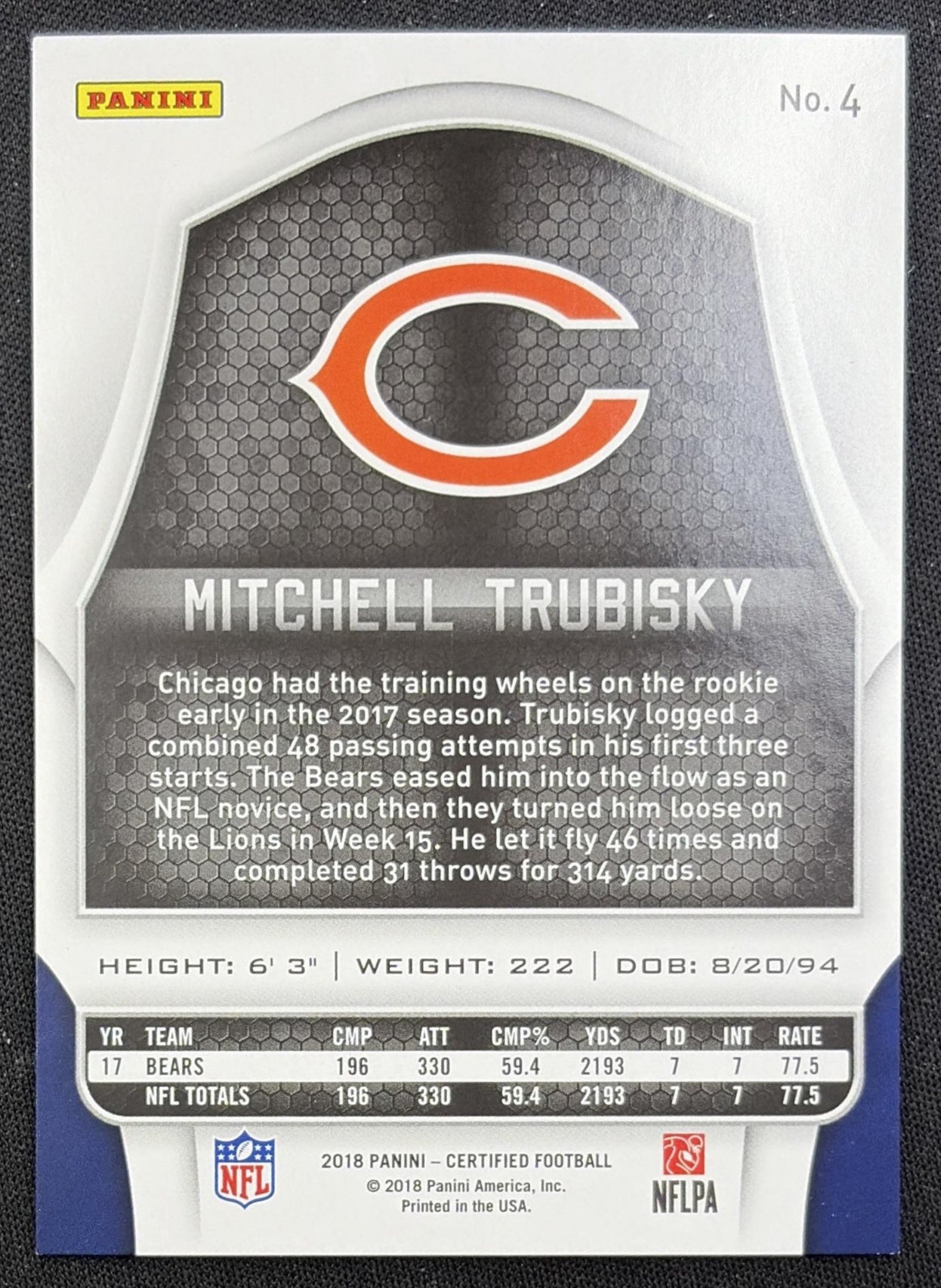 Mitchell Trubisky 2018 Panini Certified Mirror Silver /499 Bears back