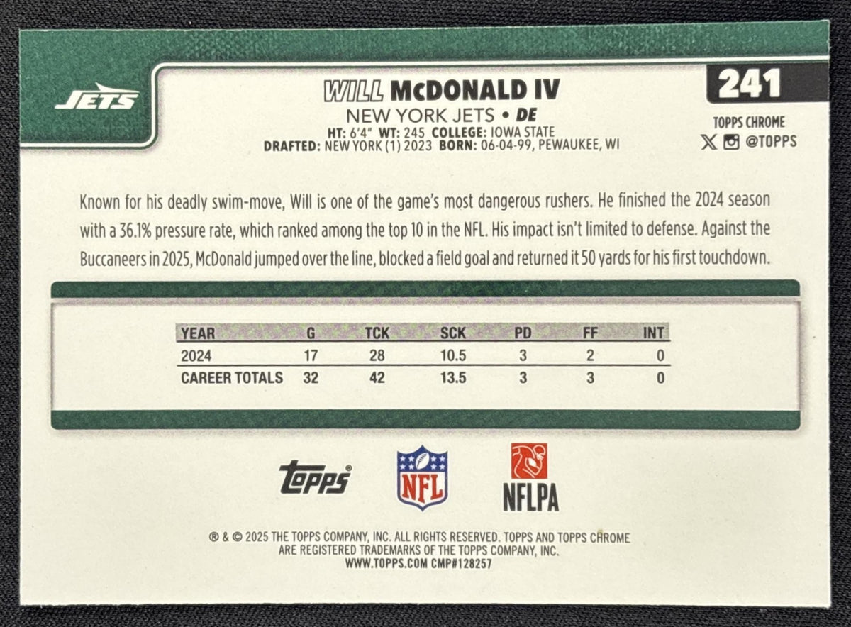 Will McDonald IV 2025 Topps Chrome Blue Refractor /150 Jets Sports Trading Card
