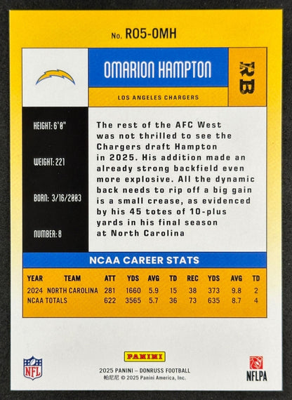 Omarion Hampton 2025 Panini Donruss Chargers Sports Trading Card