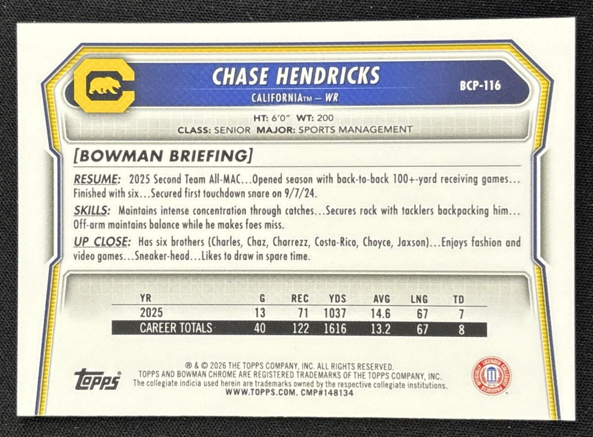 Chase Hendricks 2026 Bowman Chrome Prospects Mojo Refractor Golden Bears back