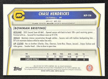 Chase Hendricks 2026 Bowman Chrome Prospects Mojo Refractor Golden Bears back