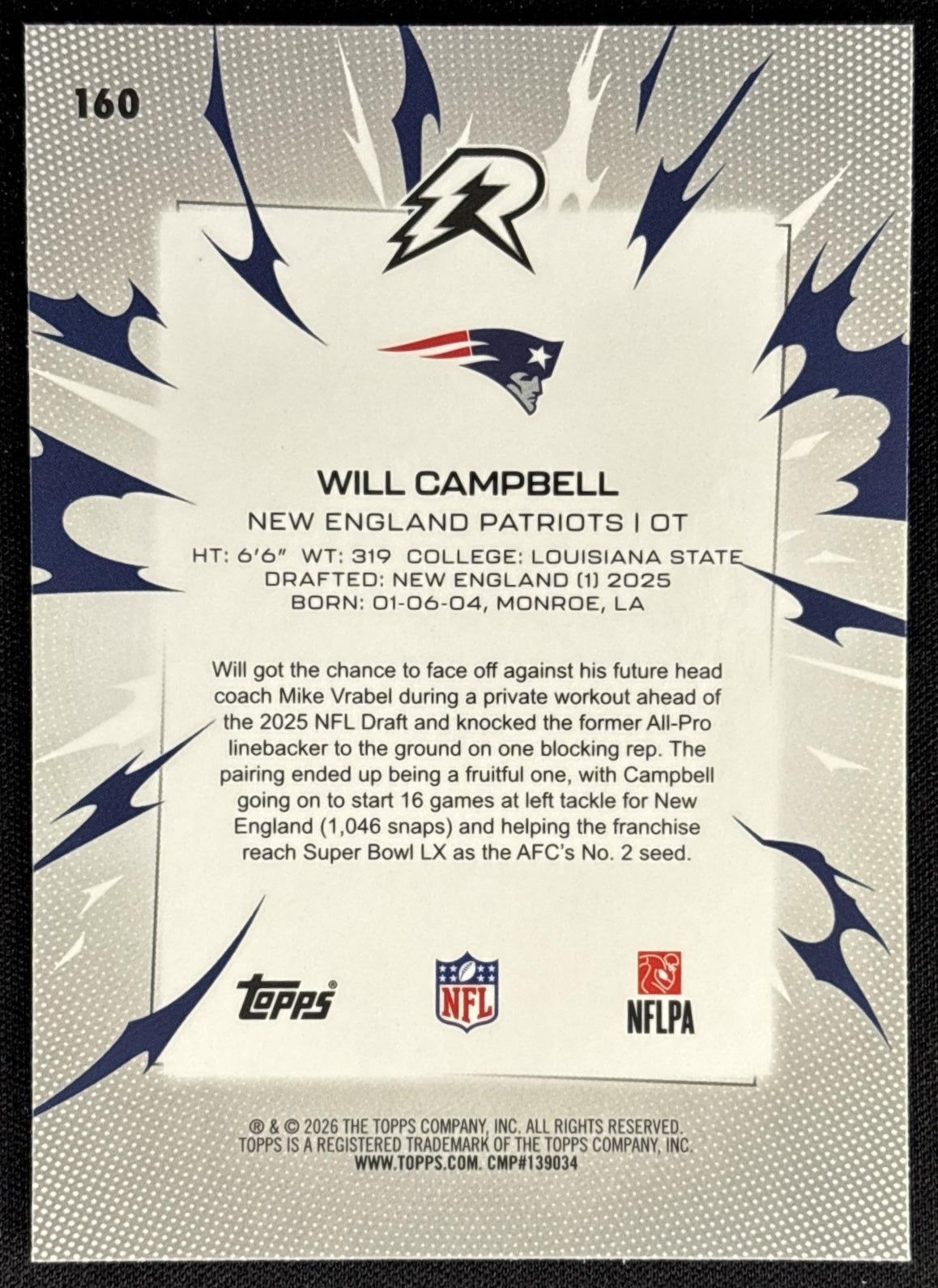 Will Campbell 2025 Topps Resurgence Blue and Orange Spark Refractor Patriots