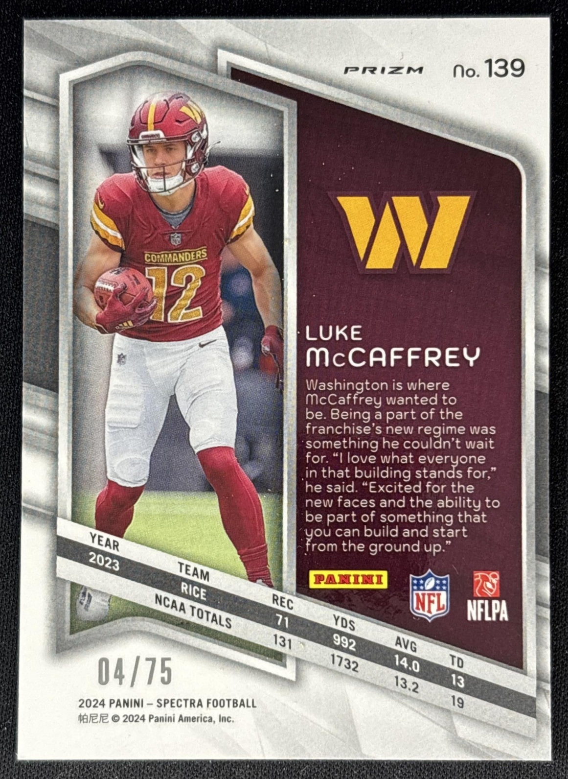 Luke McCaffrey 2024 Panini Spectra Rookies Hyper /75 Commanders back