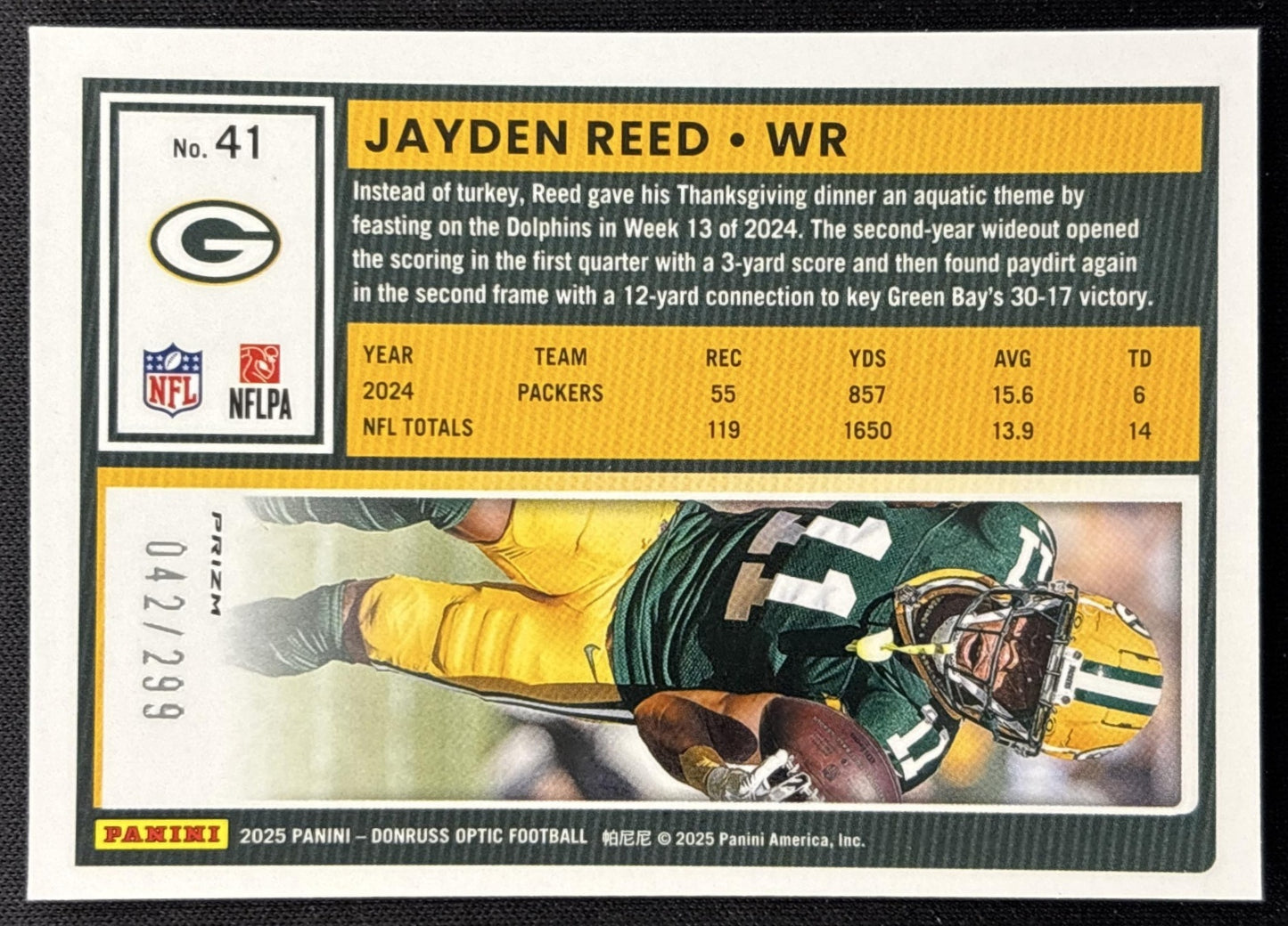 Jayden Reed 2025 Panini Donruss Optic Orange Prizm /299 Packers Sports Trading Card