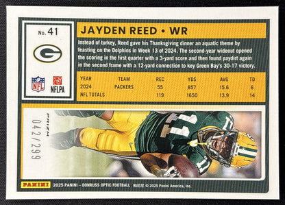 Jayden Reed 2025 Panini Donruss Optic Orange Prizm /299 Packers Sports Trading Card