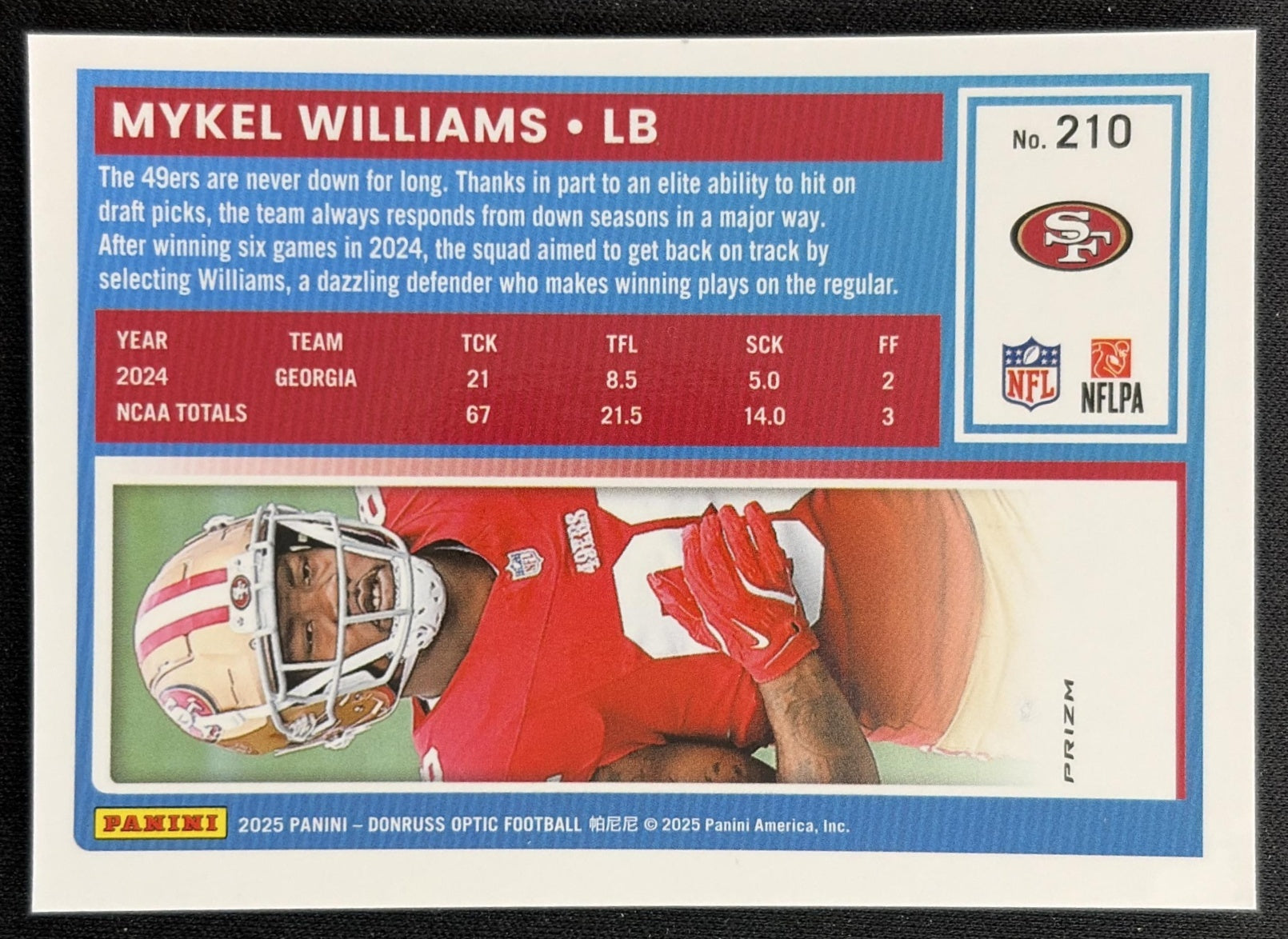 Mykel Williams 2025 Panini Donruss Optic Rated Rookie Blue Hyper Prizm 49ers back