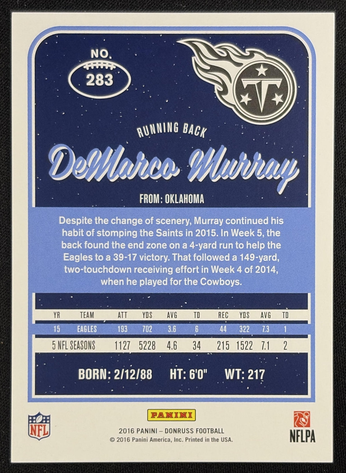 DeMarco Murray 2016 Panini Donruss Stat Line Season /322 Titans
