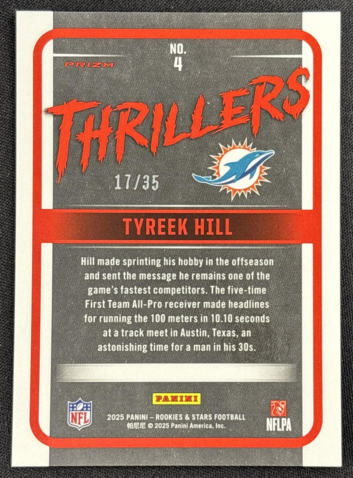 Tyreek Hill 2025 Panini Rookies & Stars Thrillers Purple /35 Dolphins