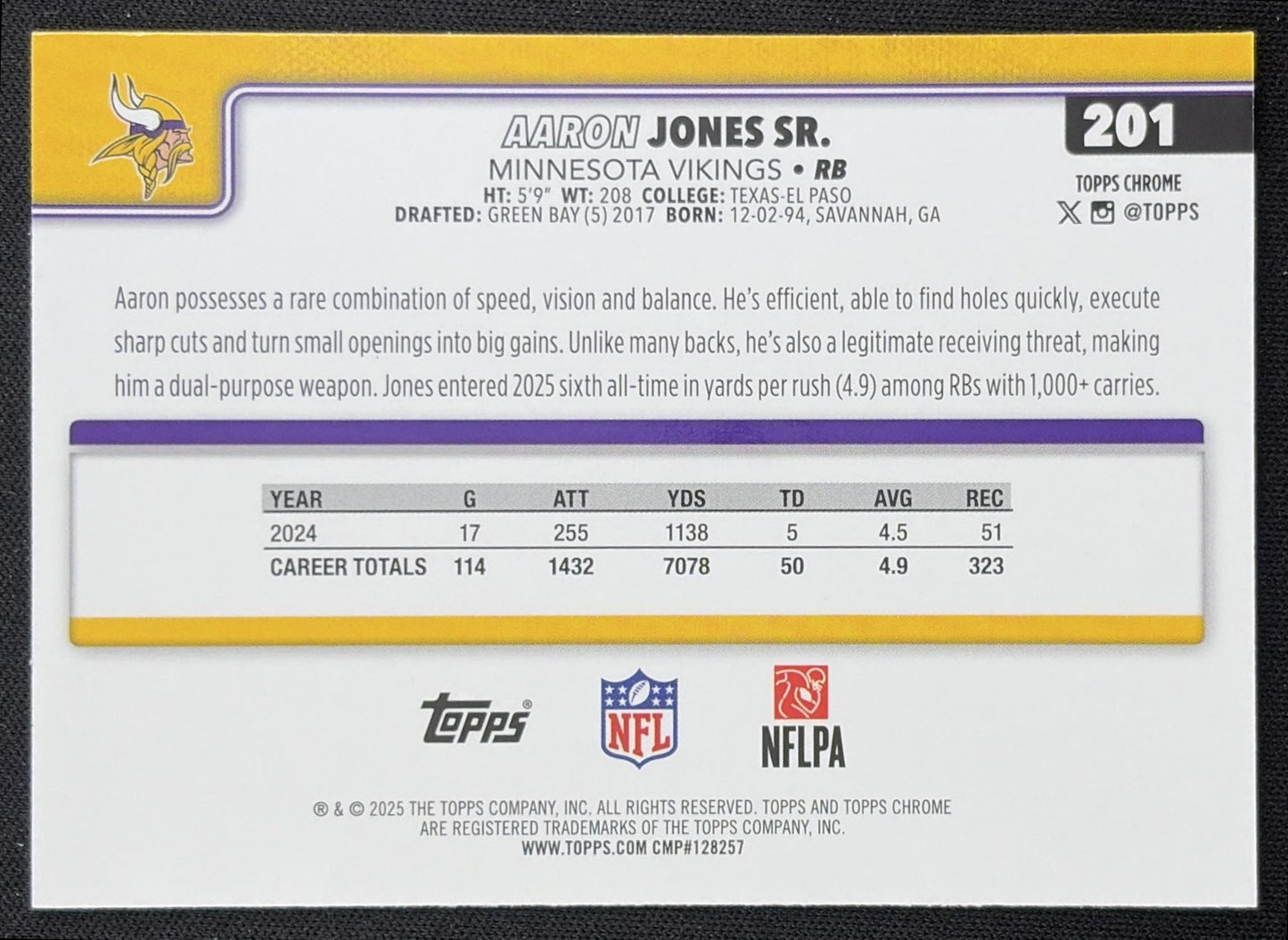 Aaron Jones Sr. 2025 Topps Chrome Green Refractor /99 Vikings Minnesota Vikings back