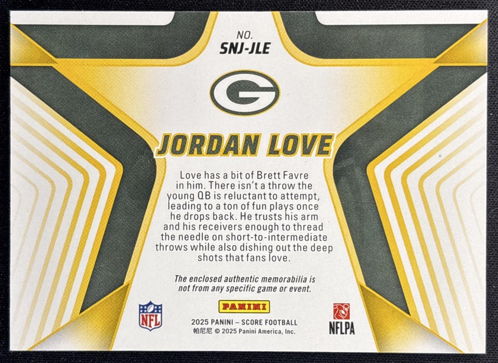 Jordan Love 2025 Panini Score Stars of the NFL Jersey Packers Back