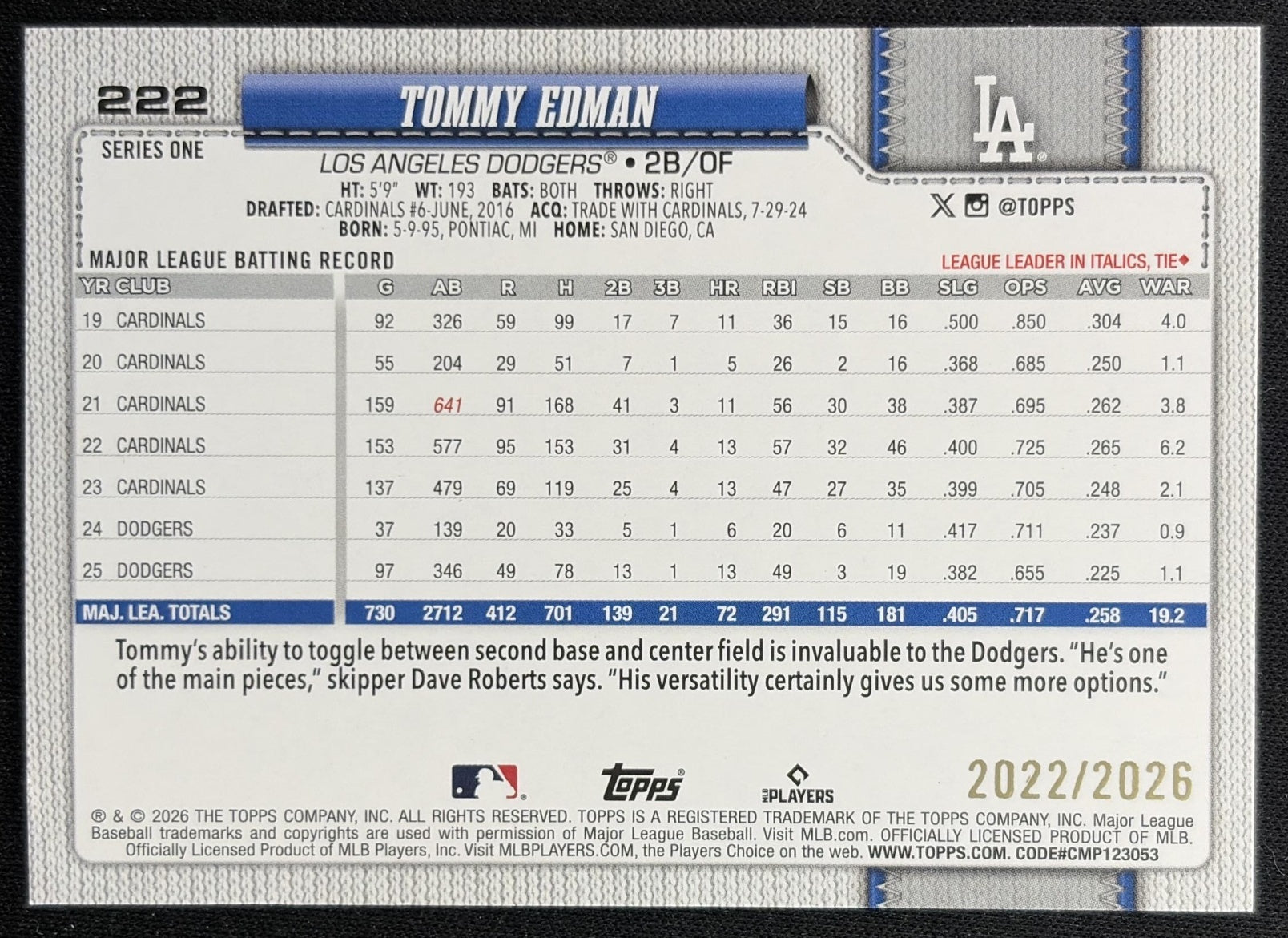 Tommy Edman 2026 Topps Series 1 Gold /2026 Dodgers back