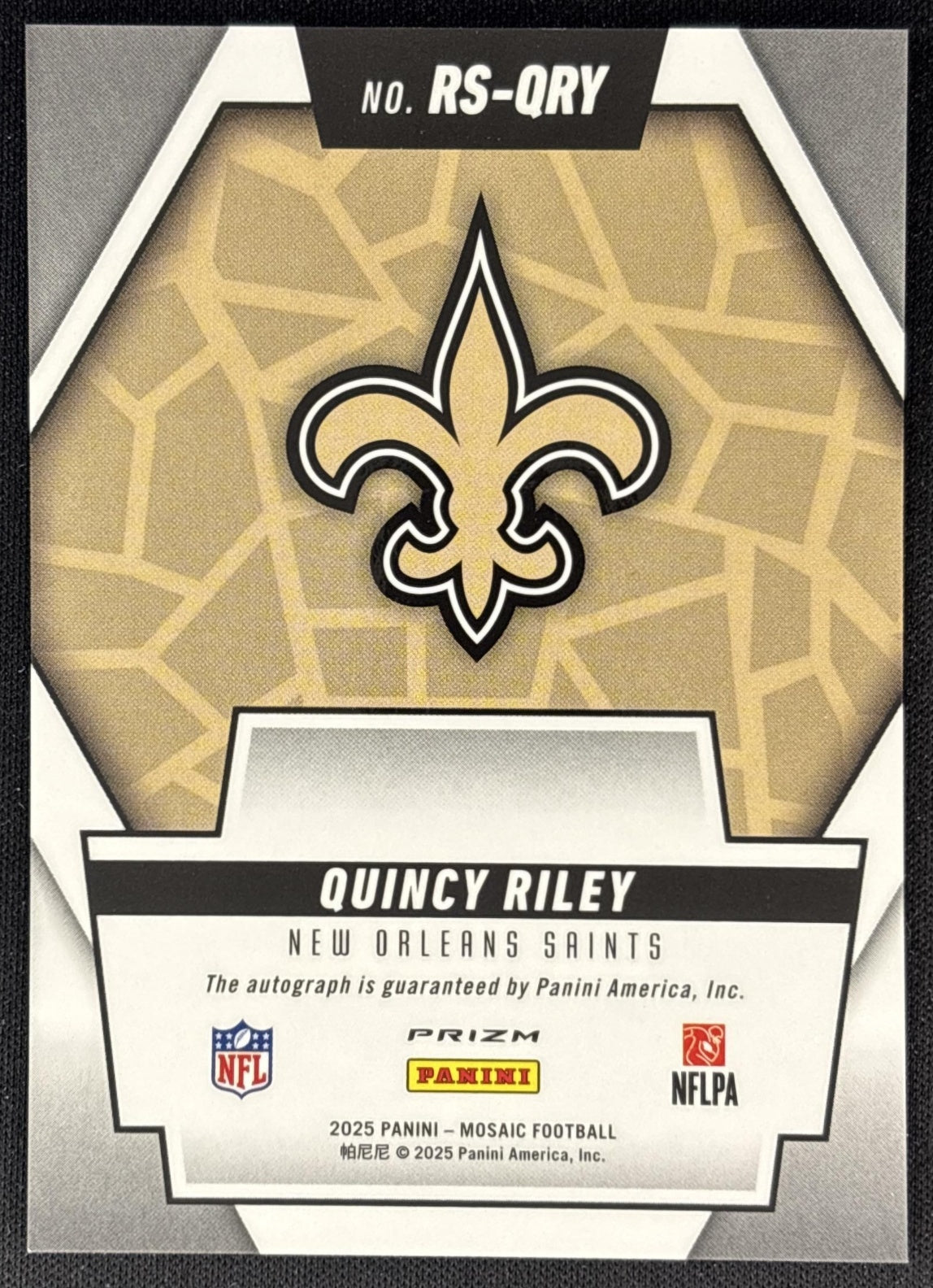 Quincy Riley 2025 Panini Mosaic Rookie Scripts No Huddle Blue Prizm Saints Back