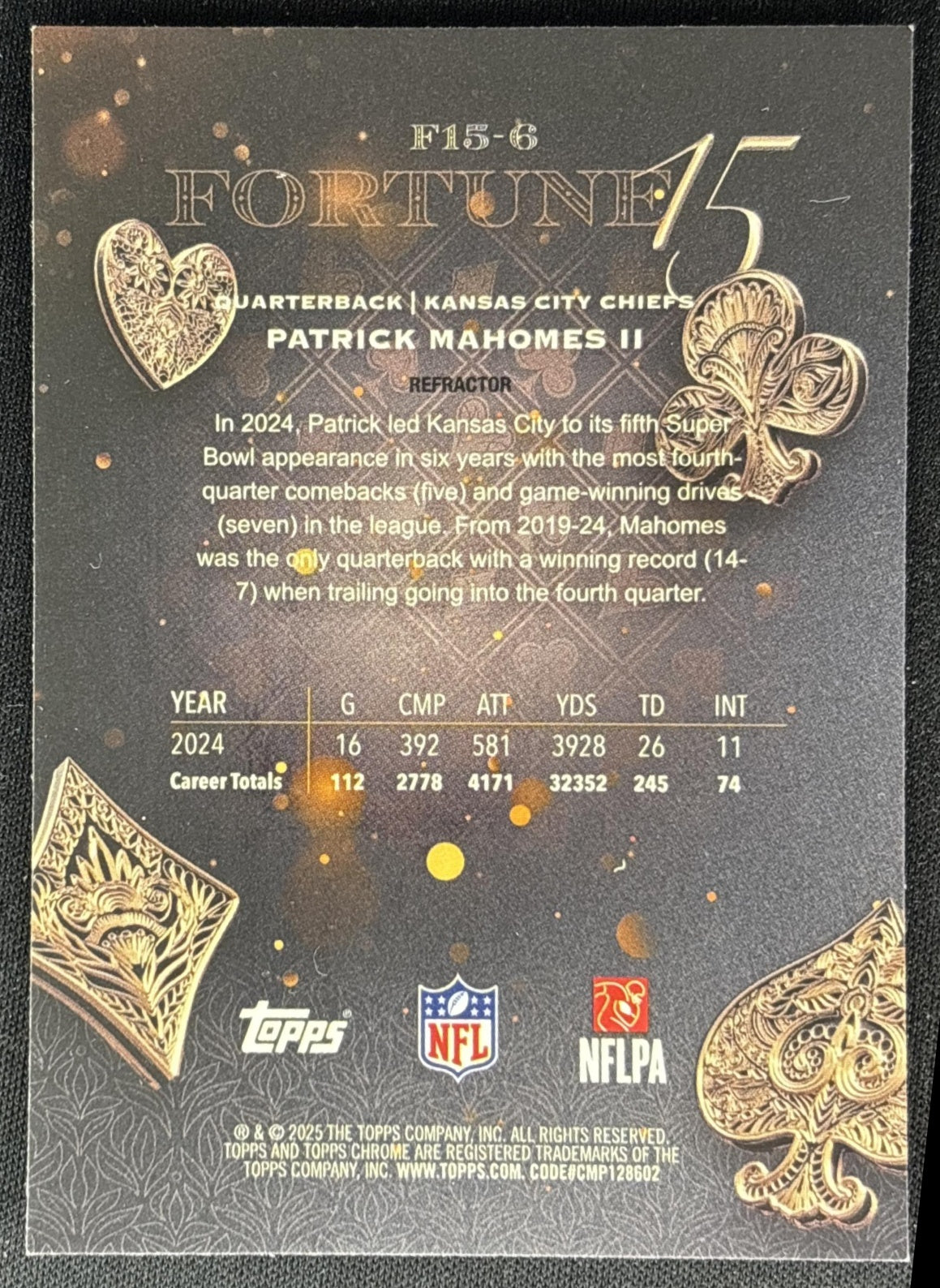 Patrick Mahomes II 2025 Topps Chrome Fortune 15 Refractor Chiefs Sports Trading Cards