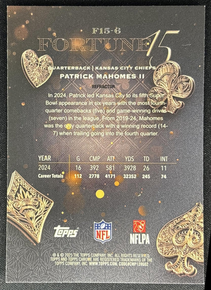 Patrick Mahomes II 2025 Topps Chrome Fortune 15 Refractor Chiefs Sports Trading Cards