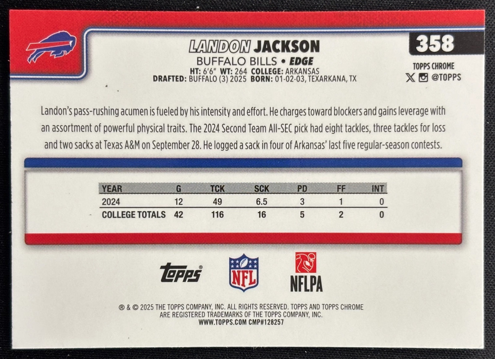 Landon Jackson 2025 Topps Chrome Rookie Pulsar Refractor Bills Sports Trading Cards