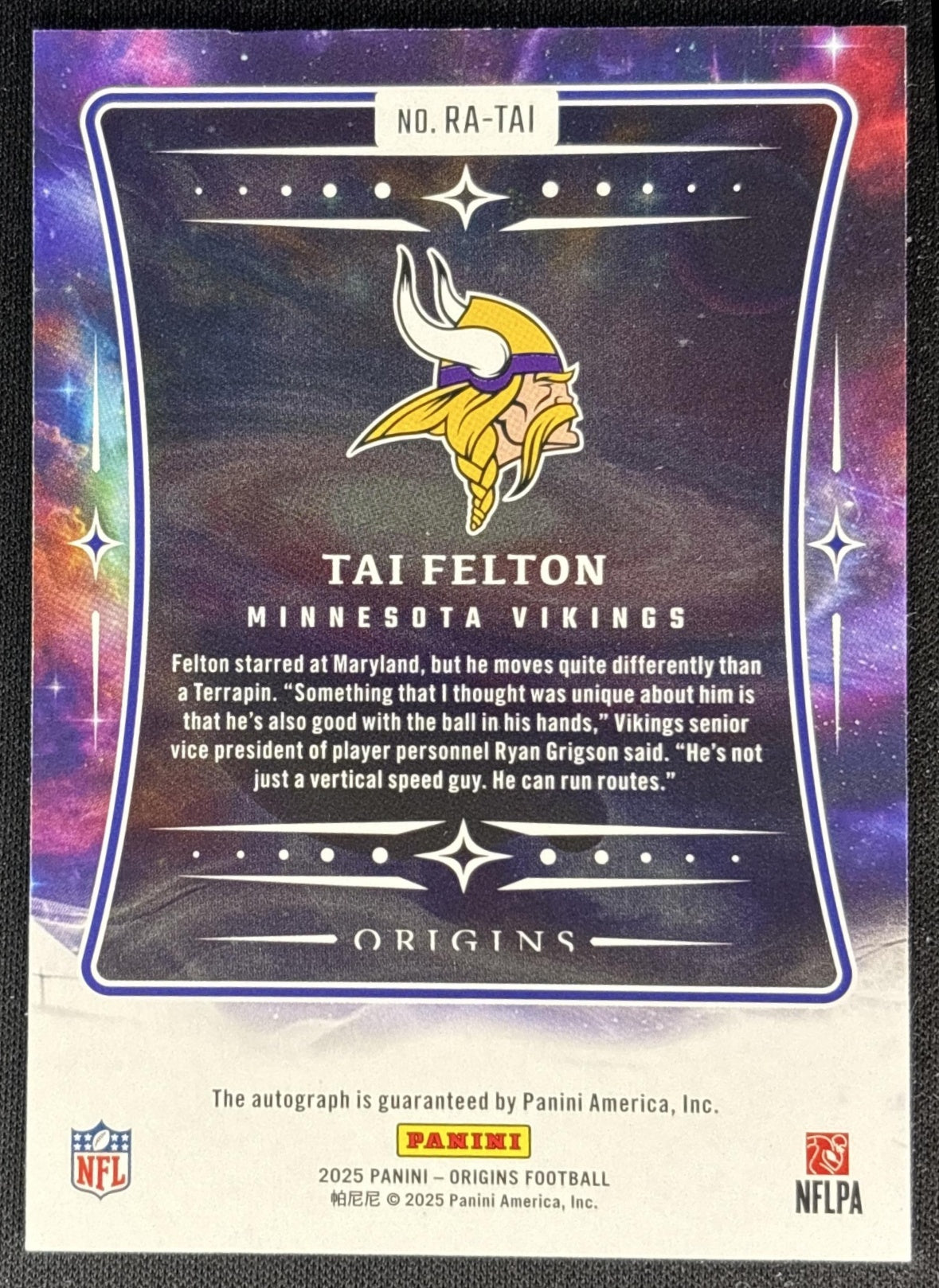 Tai Felton 2025 Panini Origins Rookie Auto Vikings