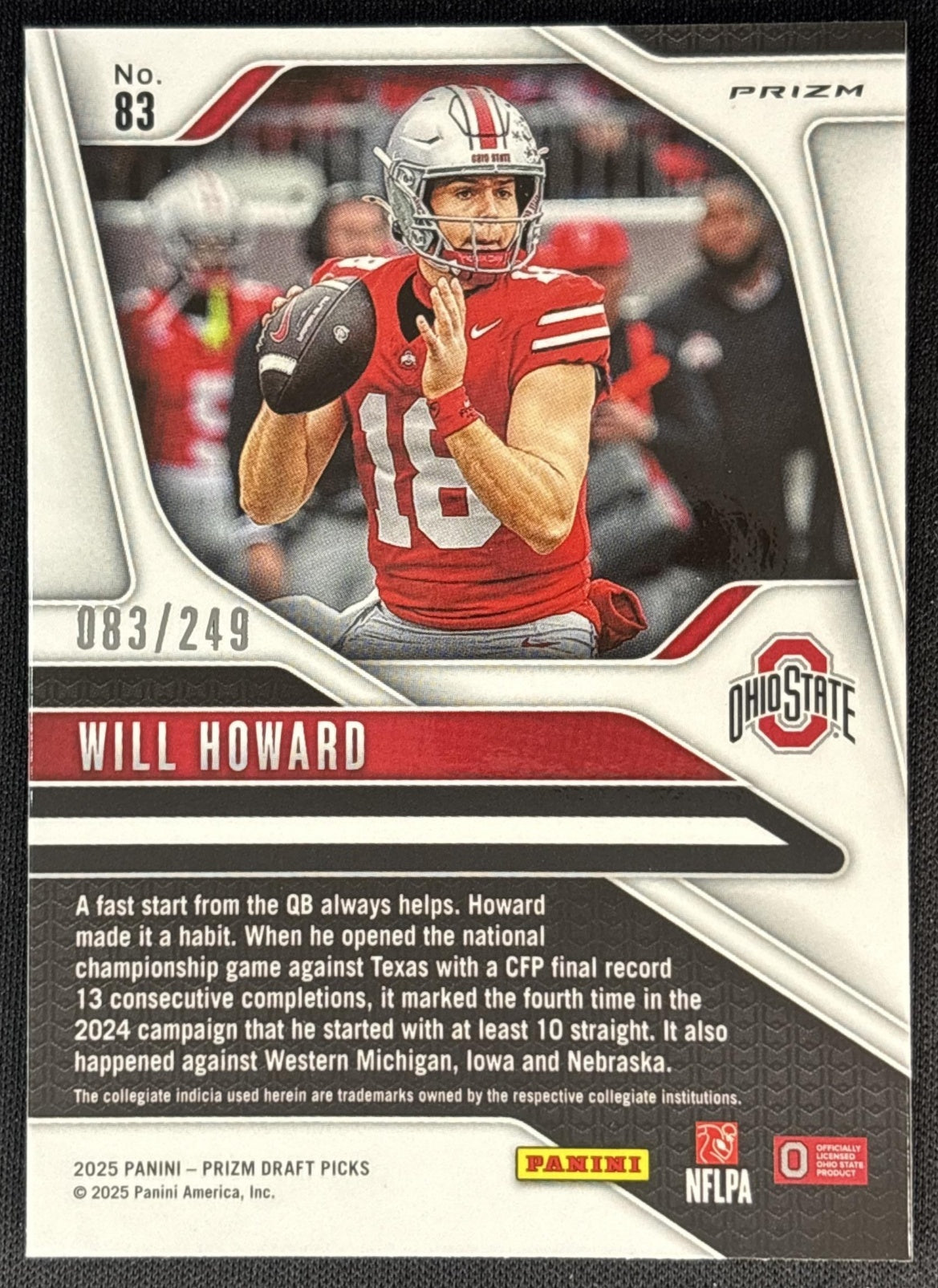 Will Howard 2025 Panini Prizm Draft Picks Blue /249 Buckeyes