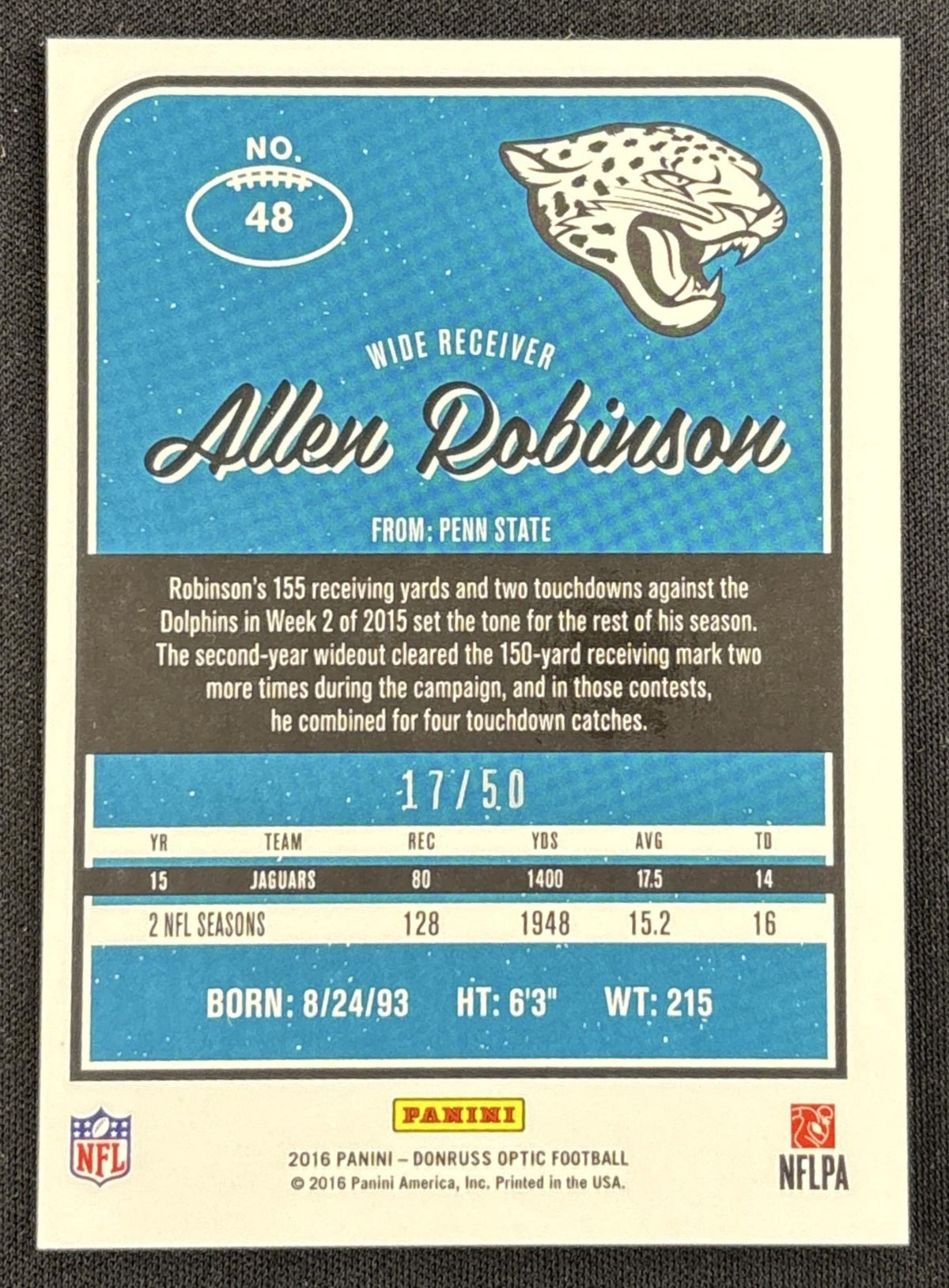 Allen Robinson 2016 Panini Donruss Optic Carolina Blue /50 Jaguars Sports Trading Card