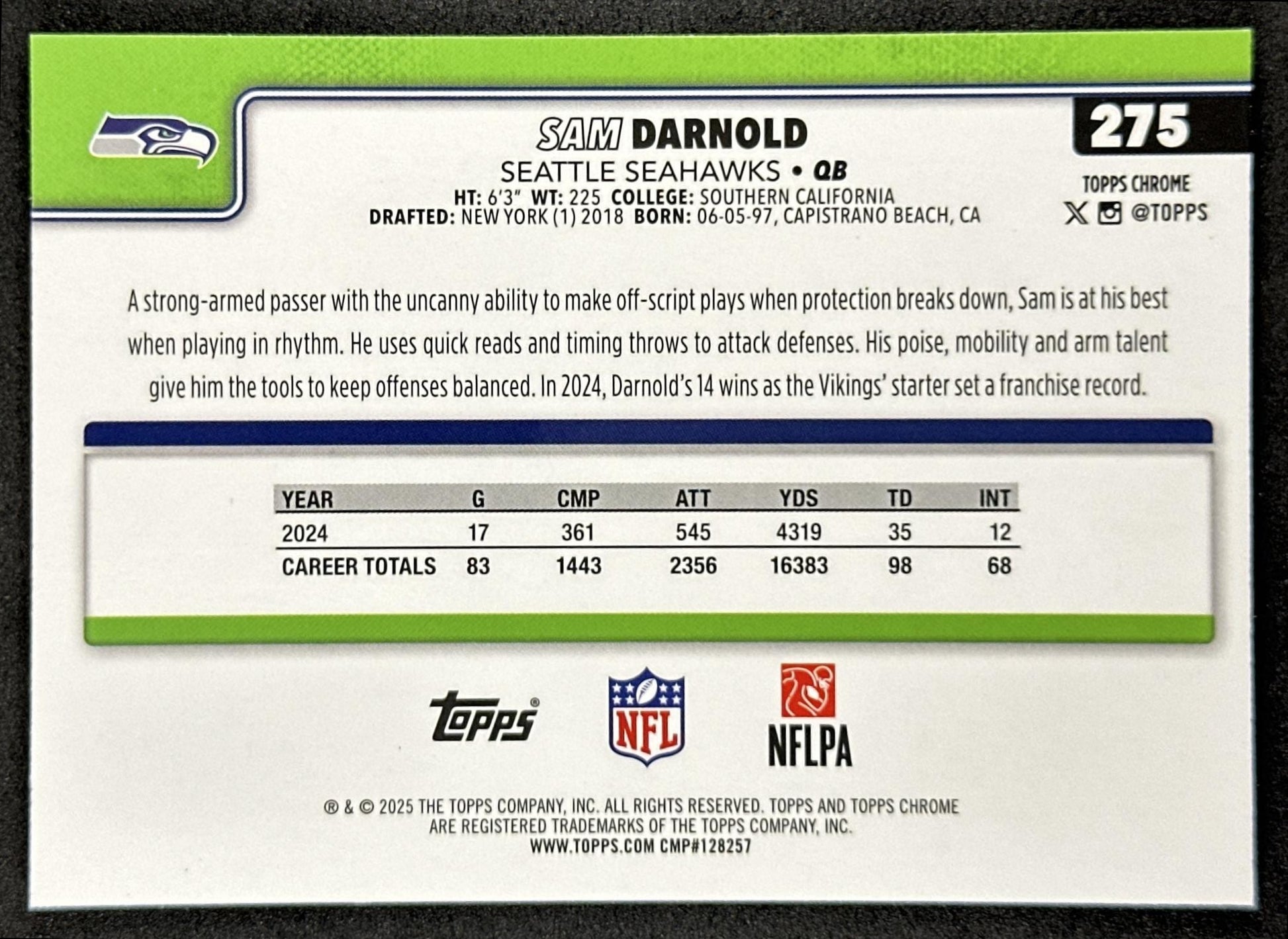 Sam Darnold 2025 Topps Chrome Prism Refractor Seahawks