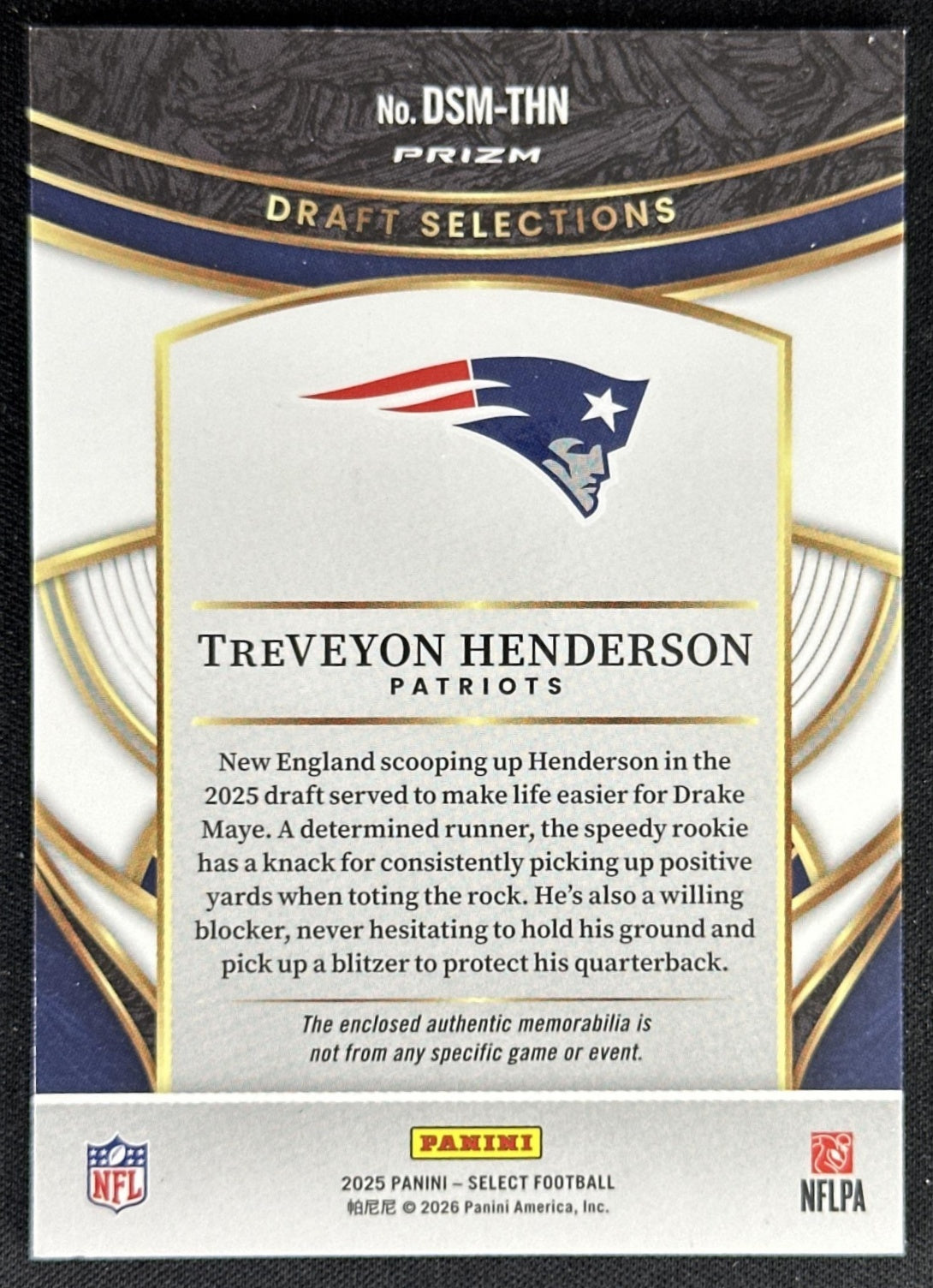 TreVeyon Henderson 2025 Select Draft Selections Memorabilia Blue Prizm Patriots