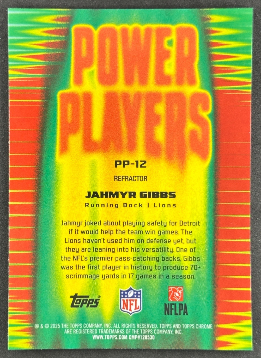 Jahmyr Gibbs 2025 Topps Chrome Power Players Refractor Lions Sports Trading Cards