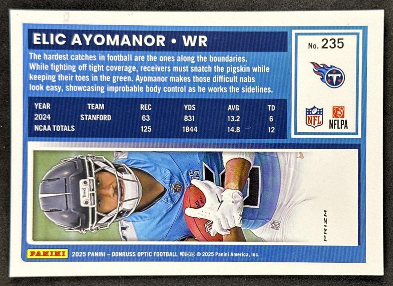 Elic Ayomanor 2025 Panini Donruss Optic Rated Rookie Blue Hyper Prizm Titans back