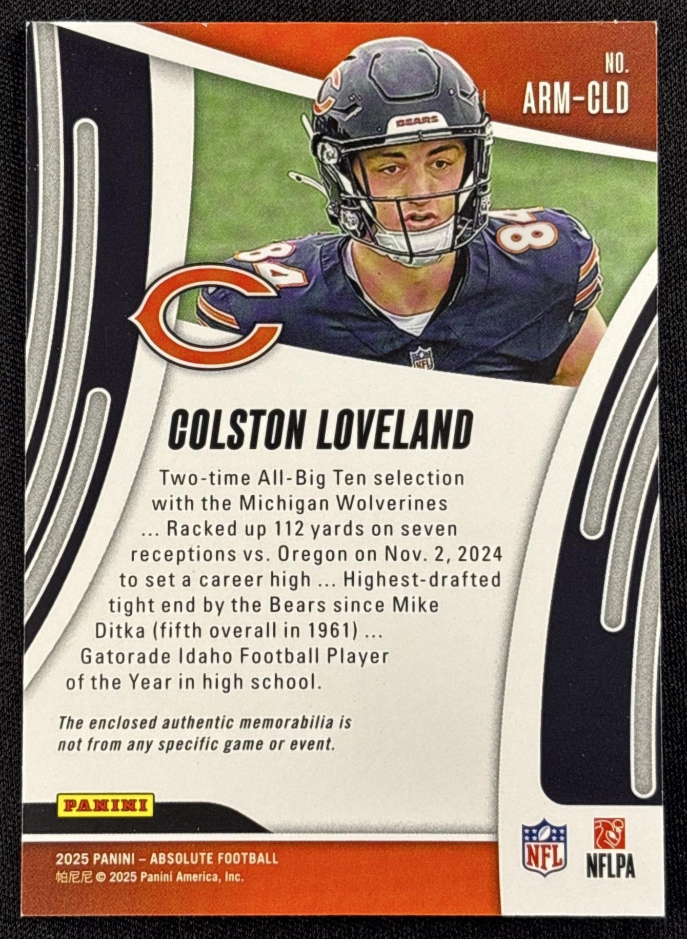 Colston Loveland 2025 Panini Absolute Rookie Materials Bears