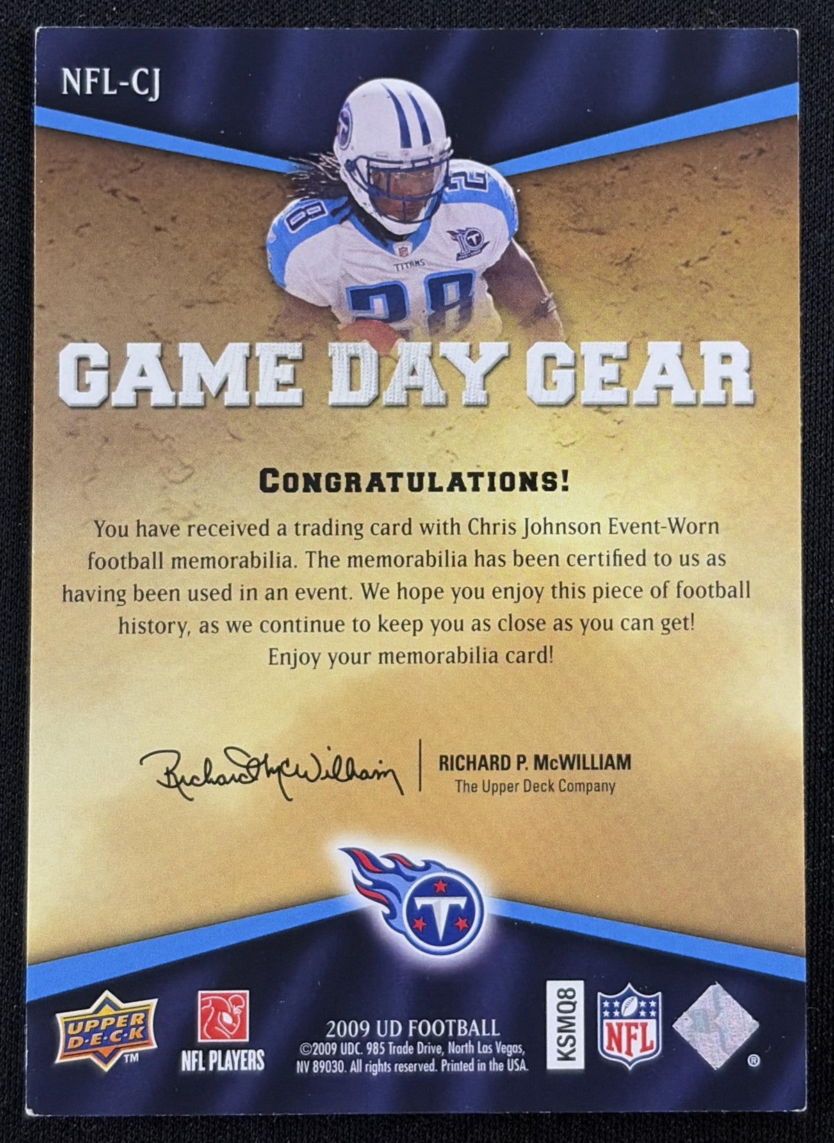 Back of Chris Johnson 2009 Upper Deck Game Day Gear Titans sports trading card