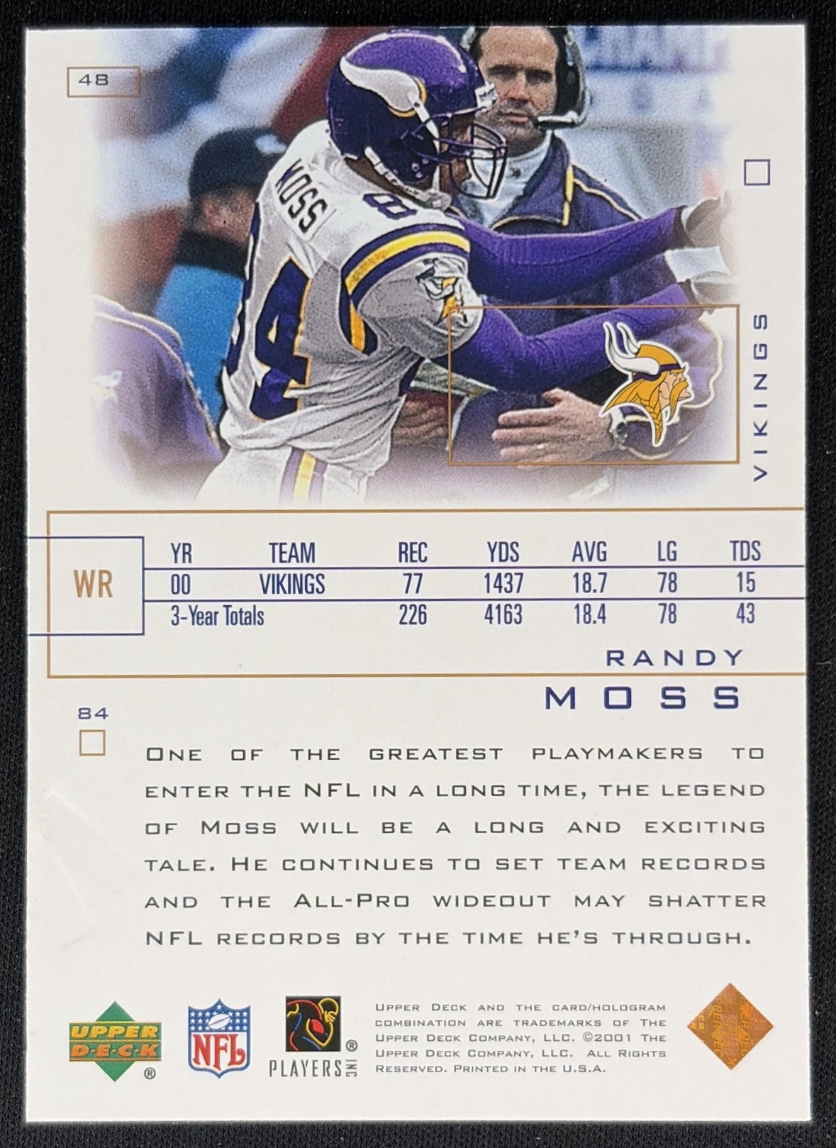 Randy Moss 2001 Upper Deck Pros & Prospects Vikings back