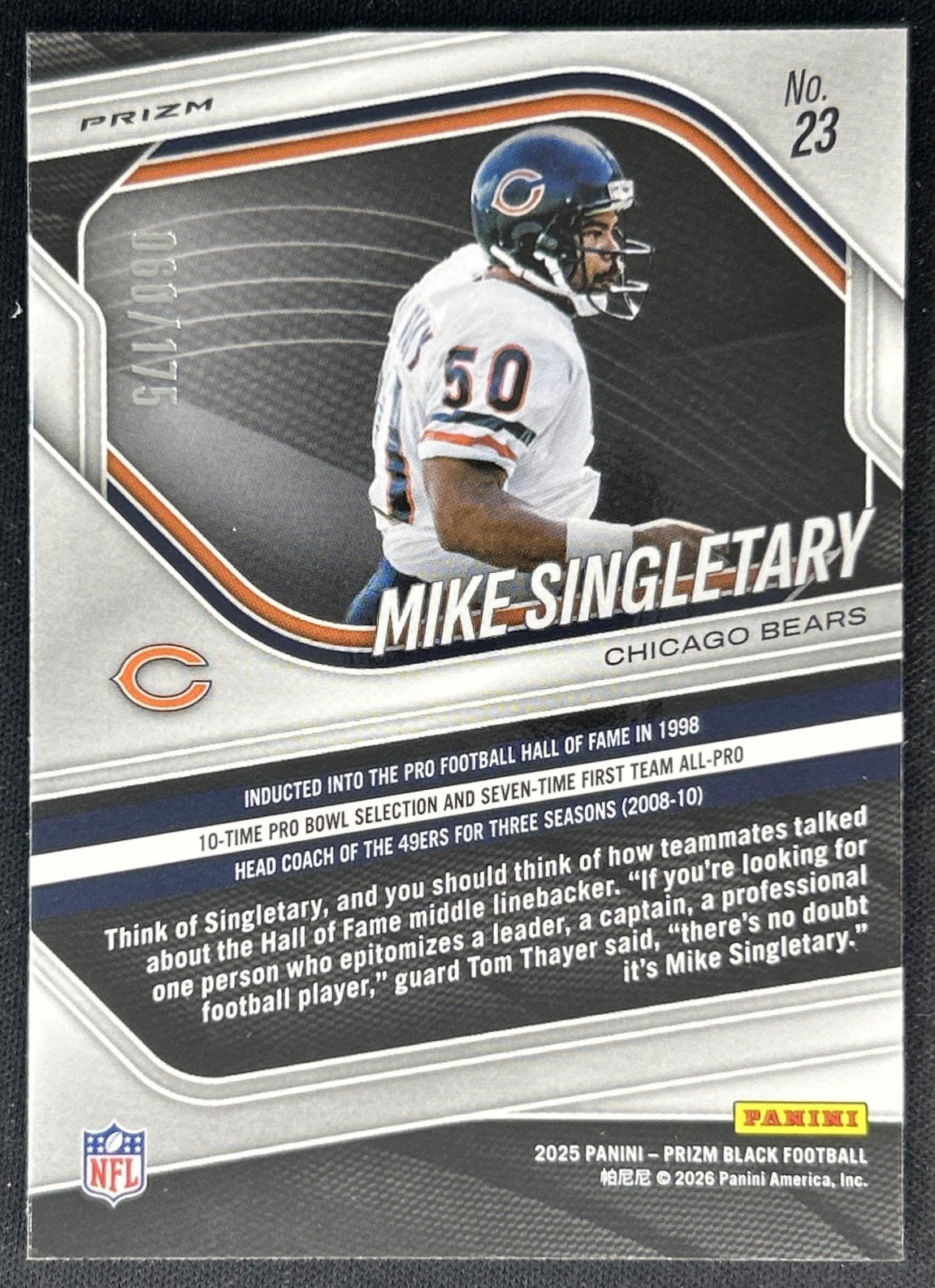 Mike Singletary 2025 Panini Prizm Black White /175 Bears Back