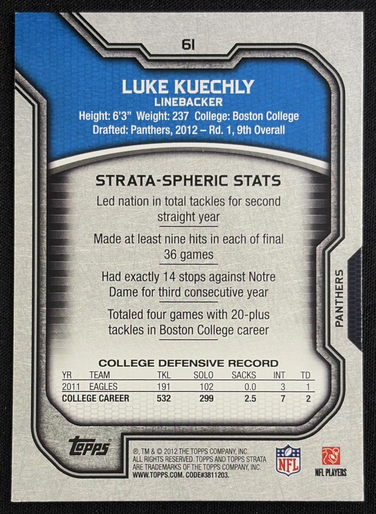 Luke Kuechly 2012 Topps Strata Hobby Panthers Sports Trading Card