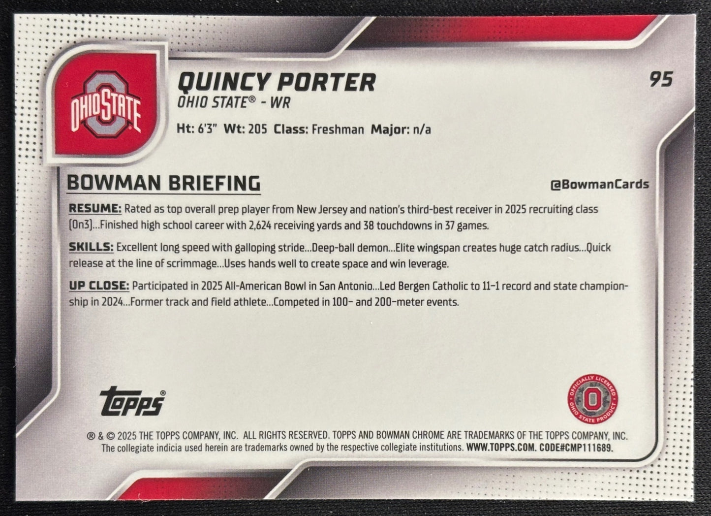 Quincy Porter 2025 Chrome University Sapphire Prospect Buckeyes - Back