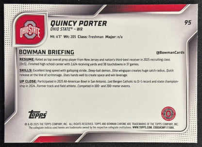 Quincy Porter 2025 Chrome University Sapphire Prospect Buckeyes - Back